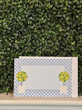 Blue Lattice Note Card/Printable Invitation with Lemon Topiary Design